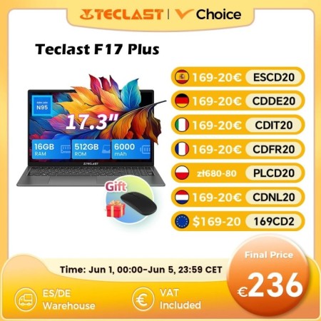 Teclast-ordenador portátil F17Plus de 17,3 pulgadas, Notebook con Wind