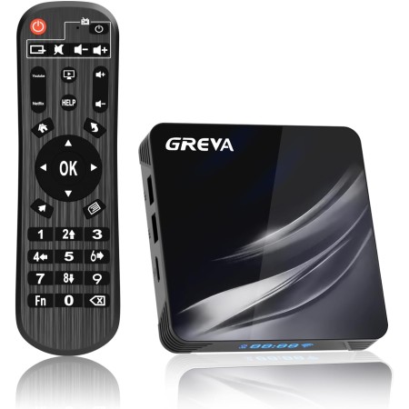 GREVA Android TV Box 11.0, 4K Android Box with Amlogic S905W2 CPU 4GB RAM 32GB ROM Dual-Band 2.4/5.8Ghz 10/100M Ethernet Support