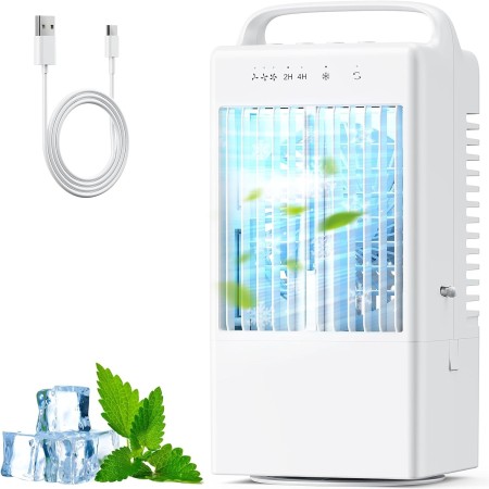 Aire Acondicionado Portatil, 4 en 1 Enfriador de Aire, 900ml Mini Aire Acondicionado con Asa, 3 Velocidades de Ventilador, Modo