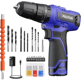 12 V Taladro Atornillador, PULITUO Taladro Eléctrico Compacto con 1.5Ah Batería, 2 Velocidades, 1 Hora de Carga Rápida, 10mm