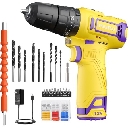 12 V Taladro Atornillador, PULITUO Taladro Eléctrico Compacto con 1.5Ah Batería, 2 Velocidades, 1 Hora de Carga Rápida, 10mm