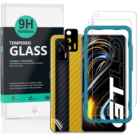 Ibywind Cristal Templado para Realme GT 5G, [2 Piezas],con Metálico Protector de Lente de Cámara,Atrás Pegatina Protectora Fibra