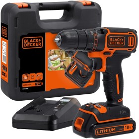 BLACK+DECKER Taladro Atornillador 18V, Par máximo 30Nm, Portabrocas 10mm, 1 Batería Litio 1.5Ah, Luz LED, Incluye Cargador 400mA