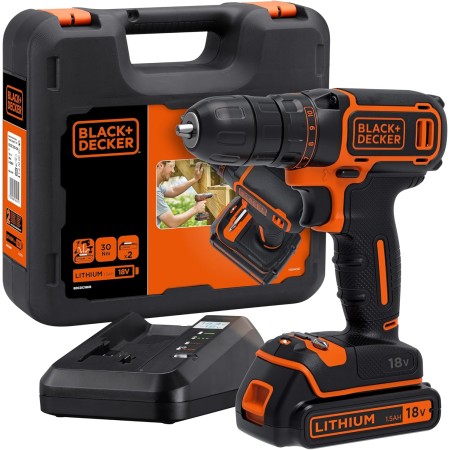 BLACK+DECKER Taladro Atornillador 18V, Par máximo 30Nm, Portabrocas 10mm, 1 Batería Litio 1.5Ah, Luz LED, Incluye Cargador 400mA
