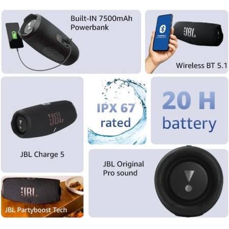 JBL Charge 5 Altavoz inalámbrico portátil con Bluetooth y batería integrada, resistente al agua (IP67), con PartyBoost para
