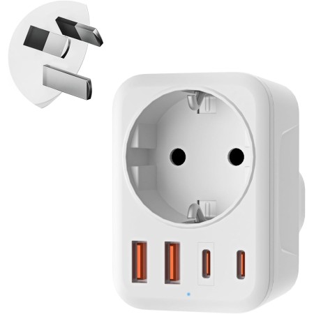 Denlane Adaptador Australia, 5 en 1 Adaptador de Viaje Australia con 1 AC & 2 USB-C & 2 USB-A(3.4A), Adaptador China Nueva