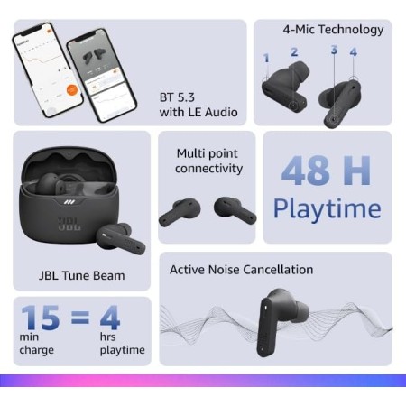 JBL Auriculares Tune Beam In-Ear, inalámbricos, resistentes al agua, cancelación de ruido y tecnología de 4 micrófonos, con