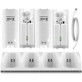 CICMOD Base de Carga 4 Baterías Recargables para Wii Control Remoto Capacidad 2800mAh, Blanco