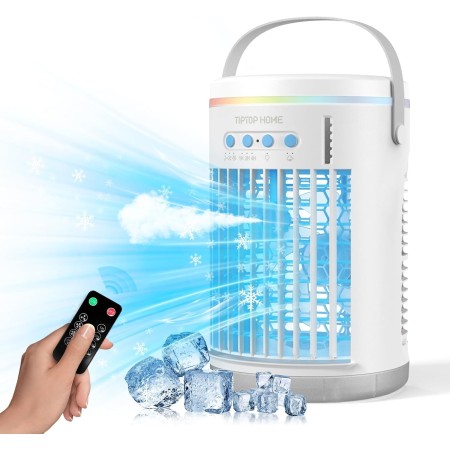 Aire Acondicionado Portátil, Enfriador de Aire 5 en 1, 1400ML Tanque, Climatizador Evaporativo, Temporizadores de 1-4H, 2 Modos