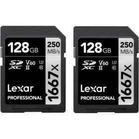 Lexar Professional 1667x Tarjeta SD 128GB Paquete de 2, SDXC UHS-II Tarjeta de memoria, Hasta 250 MB/s de Lectura, Clase 10, U3,
