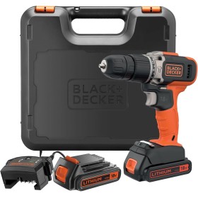 BLACK+DECKER Taladro percutor inalámbrico de 18V y 2 velocidades con dos baterías de 1,5Ah y cargador de 400mA, par de 45Nm, luz