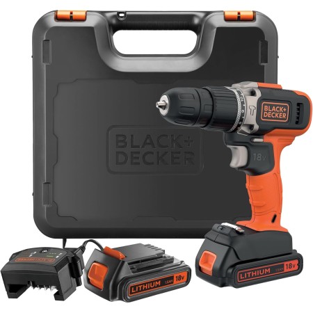 BLACK+DECKER Taladro percutor inalámbrico de 18V y 2 velocidades con dos baterías de 1,5Ah y cargador de 400mA, par de 45Nm, luz