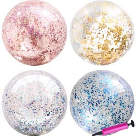 Hileyu 4 Piezas Pelotas de Playa Inflables con Purpurina de Confeti Bola de Fiesta de Piscina Transparente para Juguete Acuático