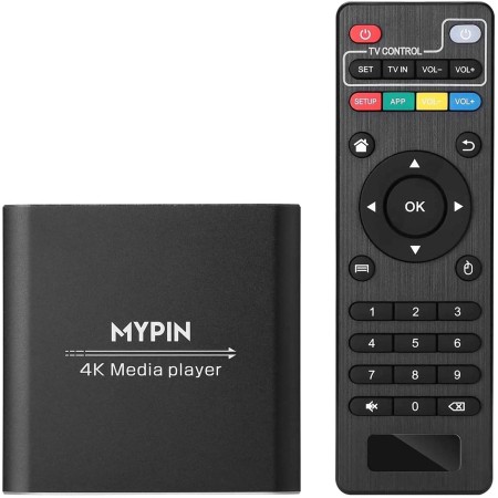MYPIN Reproductor Multimedia 4K, Media Player con Control Remoto para Disco Duro de 8TB/Unidad USB/Tarjeta TF/H.265 MP4 PPT MKV