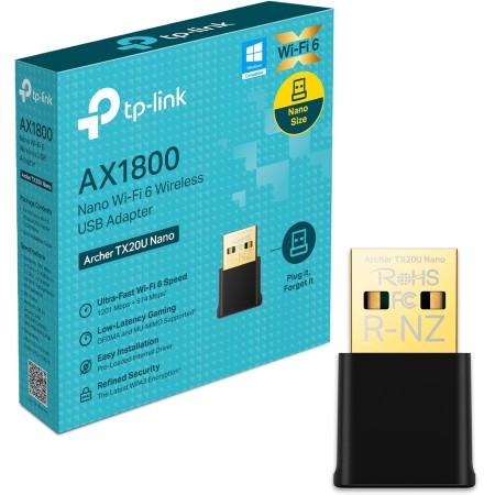 TP-Link Archer TX20U Nano| Adaptador USB WiFi6, Banda Dual AX1800, Menor latencia y Red más Segura, Controlador precargado, Solo