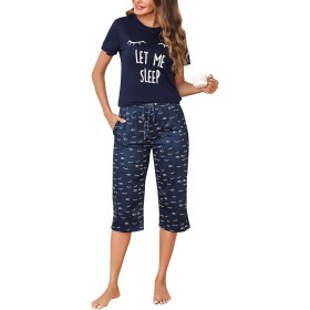 Uniexcosm Pijama de Mujer Algodón Pijama de Dos Piezas Gatos Verano Manga Corta Pijamas Mujer Ropa de Dormir Top y 3/4