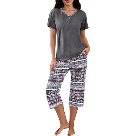 Uniexcosm Pijama de Mujer Algodón Pijama de Dos Piezas Gatos Verano Manga Corta Pijamas Mujer Ropa de Dormir Top y 3/4