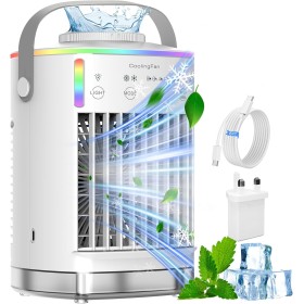 Enfriador de aire, aire acondicionado portátil, mini aire acondicionado 4 en 1, 2 niebla fría, 4 velocidades de viento, 7 luces