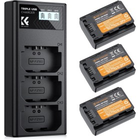 K&F Concept 3-Pack NP-FZ100 Batería 2280mAh y Cargador LCD de 3 Ranuras para Sony FX3 FX30 A7 III A7 IV A7R III A7R IV A9 A6600