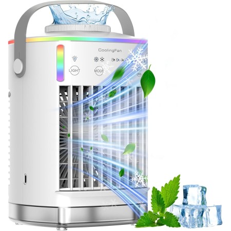 Enfriador de aire, aire acondicionado portátil, mini aire acondicionado 4 en 1, 2 niebla fría, 4 velocidades de viento, 7 luces