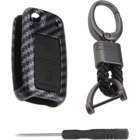 YINETTECH Carcasa de silicona de fibra de carbono ABS con 2 botones para llaves de coche, llavero inteligente con llavero