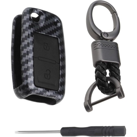 YINETTECH Carcasa de silicona de fibra de carbono ABS con 2 botones para llaves de coche, llavero inteligente con llavero