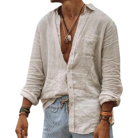 Tomwell Camisa para Hombre Manga Larga Slim Fit Camisa Lino Playa Casual para Hombre Respirable con Botones T-Shirt Verano