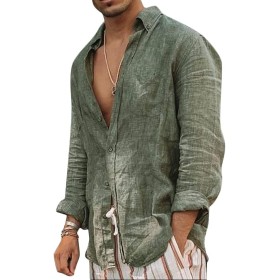 Tomwell Camisa para Hombre Manga Larga Slim Fit Camisa Lino Playa Casual para Hombre Respirable con Botones T-Shirt Verano