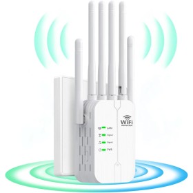 Repetidor WiFi,Amplificador señal WiFi Potente,6 Antenas,2 Puertos LAN,repetidores WiFii para el Hogar y la Oficina,Cobertura de