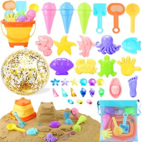 39Piezas Juguetes De Playa Con Cubo Plegable 2L, Pelota, Helados y Animales Marinos Moldes De Arena, Bolsa, Gemas, Juguetes Para