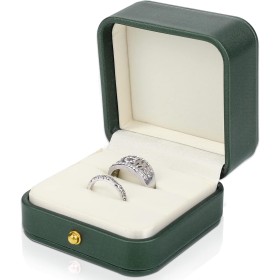 Caja Alianzas Boda de 2 Ranuras Caja de Anillo de Terciopelo de Cuero Caja para Anillos Boda Verde Cuadrada Adornada de Primera