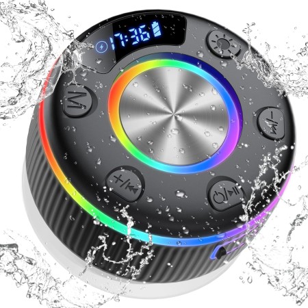 Altavoz Bluetooth Ducha 5.3, IP7 Impermeable Altavoz Ducha con Ventosa Fuerte Luces RGB, Altavoces Inalámbrico Portátil con 8H