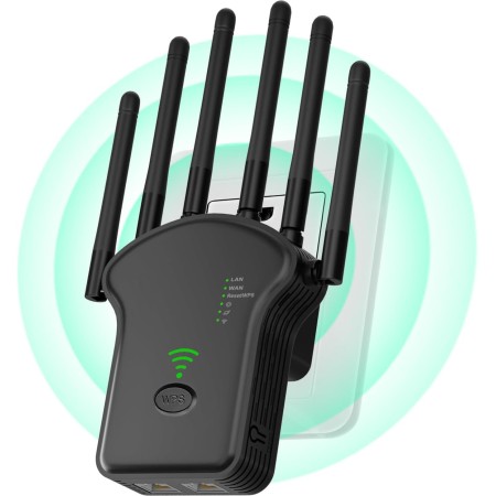 Repetidor WiFi,Amplificador señal WiFi Potente 6 Antenas,2 Puertos LAN,Extensor WiFi para Cobertura de hasta