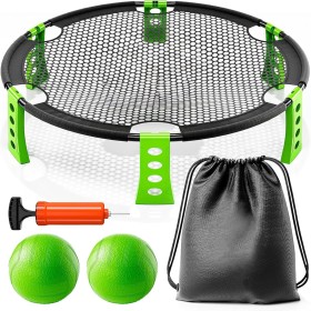Juego de Roundnet Completo con 2 Pelotas, Bomba de Aire, Redes, Cuerda de Tensión y Bolsa de Transporte | Portátil para Playa,