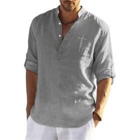 Tomwell Camisa para Hombre Manga Larga Slim Fit Camisa Lino Playa Casual para Hombre Respirable con Botones T-Shirt Verano