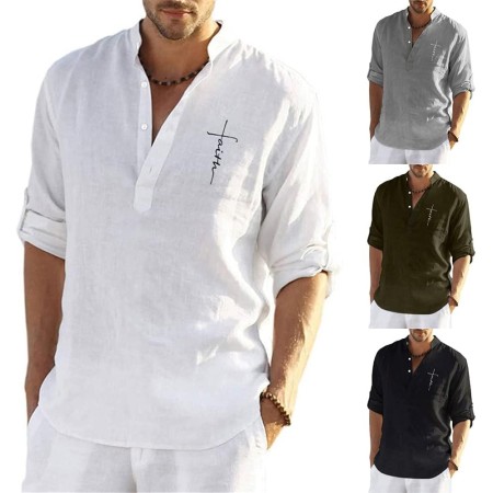Tomwell Camisa para Hombre Manga Larga Slim Fit Camisa Lino Playa Casual para Hombre Respirable con Botones T-Shirt Verano