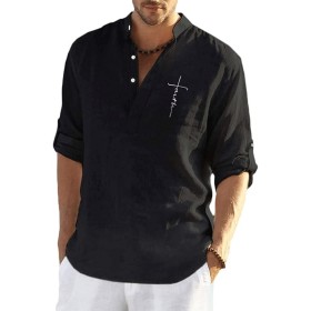 Tomwell Camisa para Hombre Manga Larga Slim Fit Camisa Lino Playa Casual para Hombre Respirable con Botones T-Shirt Verano