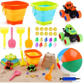 Juguetes de Playa para Niños 30Piezas, Juegos Playa con Cubo de Playa Plegable 2L, Pelota Playa, Camión Monstruo, Gemas,
