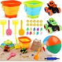Juguetes de Playa para Niños 30Piezas, Juegos Playa con Cubo de Playa Plegable 2L, Pelota Playa, Camión Monstruo, Gemas,