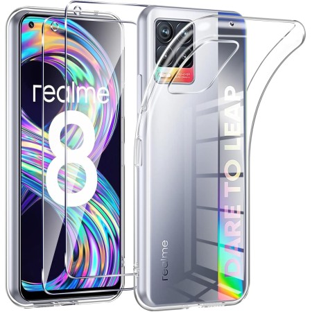 Phoona Funda para OPPO Realme 8/Realme 8 Pro 4G Carcasa con 2 Piezas Cristal Templado,Transparente Silicona TPU Protección Funda