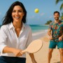 Juego de 2 raquetas de playa sostenibles con juego de ajedrez y molino con pelota en bolsa de algodón Sport Fun Verano Playa