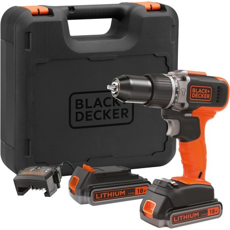 BLACK+DECKER Atornillador sin cable 18V, 37Nm par máximo, 10 posiciones de embrague, luz de trabajo LED, batería de 1,5Ah y