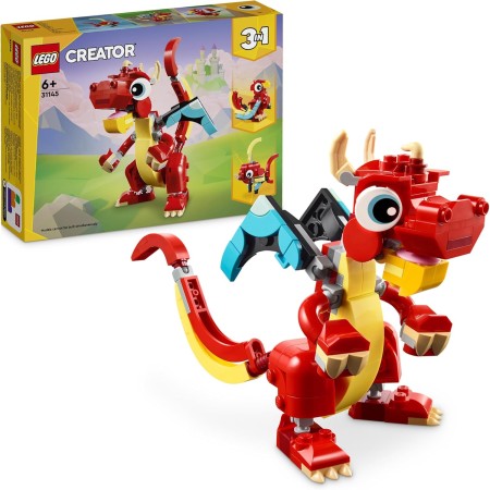 LEGO Creator 3 en 1 Dragón Rojo de Juguete Convertible en Figura de Pez o Ave Fénix, Juego Infantil de Animales como Regalo para