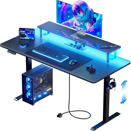 HLFURNIEU Escritorio Elevable Electrico LED 120 x 60 cm, Mesa Gaming con Toma de Corriente, Soporte para Monitor, 3 Control de