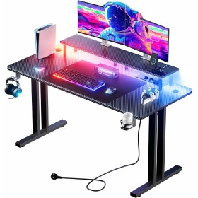 HLFURNIEU Mesa Gaming LED 140 x 60 cm, Escritorio Gaming con Toma de Corriente y Soporte para Monitor, Mesa Gamer con Portavasos