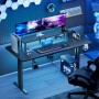 HLFURNIEU Mesa Gaming LED 140 x 60 cm, Escritorio Gaming con Toma de Corriente y Soporte para Monitor, Mesa Gamer con Portavasos