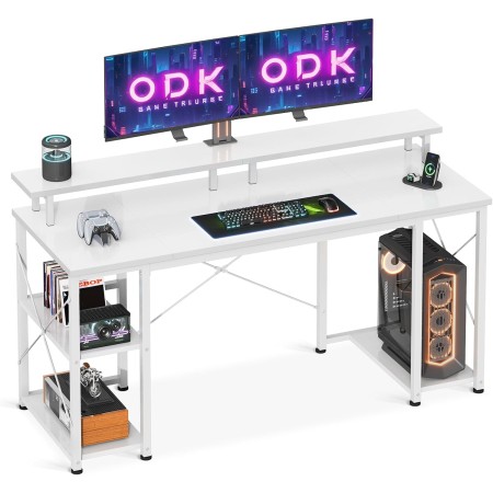 ODK Escritorio con Estante Reversible, Escritorio de Ordenador con Soporte de Monitor y Estantes, Mesa Escritorio de Juegos