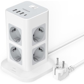 TESSAN Regletas Enchufes Proteccion Sobretension 8 Tomas con 3 USB A y 1 USB C, Torre Regleta Vertical con Interruptor,