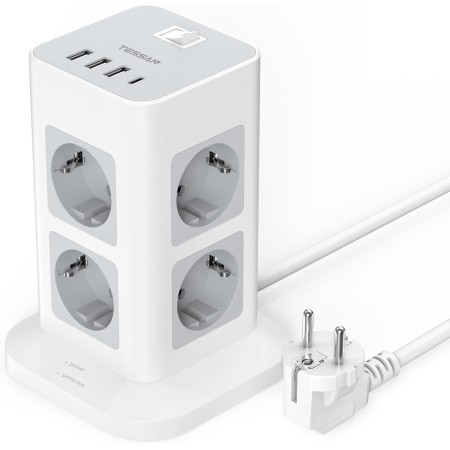 TESSAN Regletas Enchufes Proteccion Sobretension 8 Tomas con 3 USB A y 1 USB C, Torre Regleta Vertical con Interruptor,
