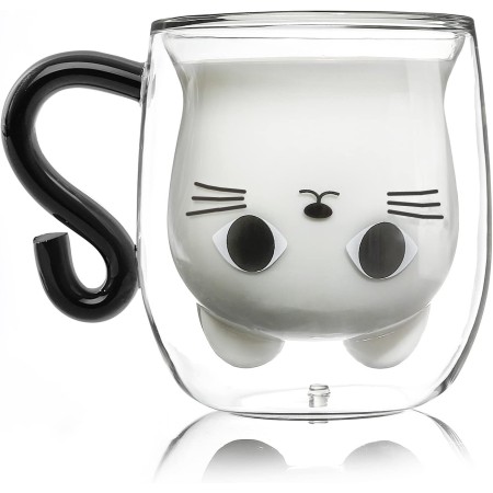 Qinhai Gato Tazas de Café de Cristal,Vasos de Doble Pared con Asa,Tazas de Té de Vidrio Borosilicato, Regalos para Cumpleaños